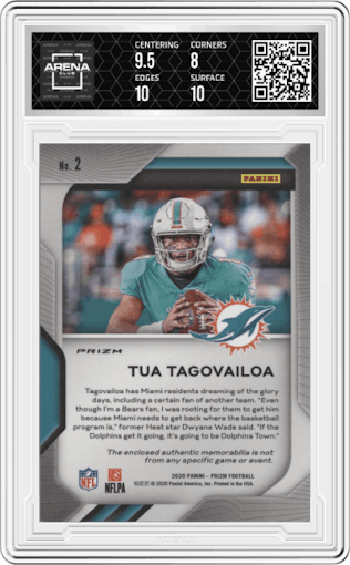 Tua Tagovailoa from the 2020 Panini Prizm set featuring a Pink Prizm parallel graded by Arena Club and given an overall grade of 8.5.
