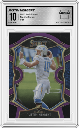 Justin Herbert from the 2020 Panini Select set featuring a Die-Cut Purple parallel graded by Arena Club and given an overall grade of 10.