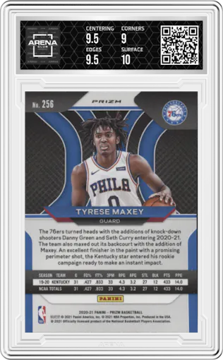 Tyrese Maxey from the 2020-21 Panini Prizm set featuring a Silver Prizm parallel graded by Arena Club and given an overall grade of 9.5.