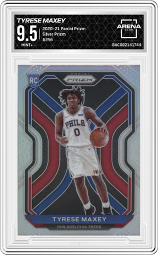 Tyrese Maxey from the 2020-21 Panini Prizm set featuring a Silver Prizm parallel graded by Arena Club and given an overall grade of 9.5.