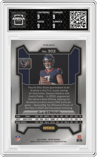 C.J. Stroud from the 2023 Panini Prizm set featuring a Silver Prizm parallel graded by Arena Club and given an overall grade of 9.