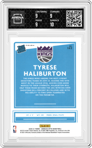 Tyrese Haliburton from the 2020-21 Panini Donruss Optic set featuring a Fast Break Holo parallel graded by Arena Club and given an overall grade of 9.5.