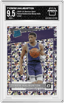 Tyrese Haliburton from the 2020-21 Panini Donruss Optic set featuring a Fast Break Holo parallel graded by Arena Club and given an overall grade of 9.5.