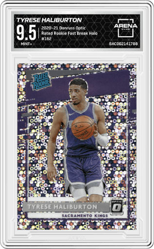 Tyrese Haliburton from the 2020-21 Panini Donruss Optic set featuring a Fast Break Holo parallel graded by Arena Club and given an overall grade of 9.5.