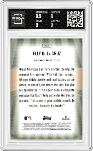 Elly De La Cruz from the 2024 Topps  set graded by Arena Club and given an overall grade of 8.5.