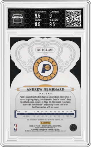 Andrew Nembhard from the 2022-23 Panini Crown Royale set featuring a Pink parallel graded by Arena Club and given an overall grade of 9.5.