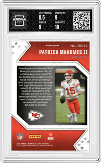 Patrick Mahomes II from the 2021 Panini Rookies & Stars set featuring a Red Wave parallel graded by Arena Club and given an overall grade of 9.