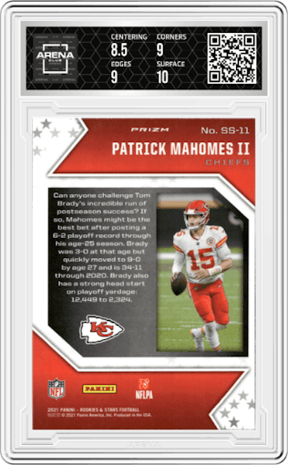 Patrick Mahomes II from the 2021 Panini Rookies & Stars set featuring a Red Wave parallel graded by Arena Club and given an overall grade of 9.