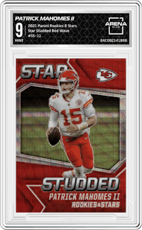 Patrick Mahomes II from the 2021 Panini Rookies & Stars set featuring a Red Wave parallel graded by Arena Club and given an overall grade of 9.