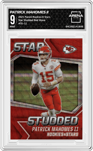 Patrick Mahomes II from the 2021 Panini Rookies & Stars set featuring a Red Wave parallel graded by Arena Club and given an overall grade of 9.