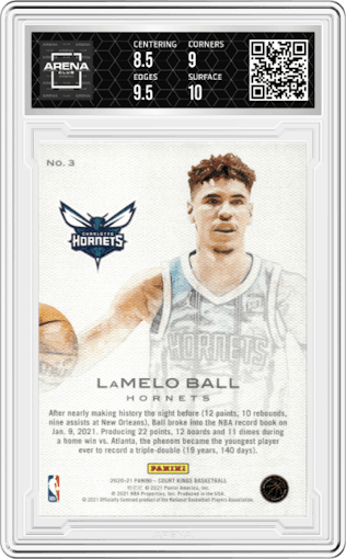 LaMelo Ball from the 2020-21 Panini Court Kings set graded by Arena Club and given an overall grade of 9.