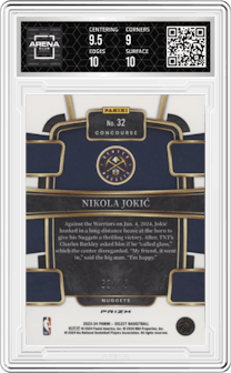 Nikola Jokic from the 2023-24 Panini Select  set featuring a White Disco parallel graded by Arena Club and given an overall grade of 9.5.