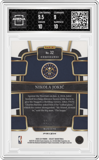 Nikola Jokic from the 2023-24 Panini Select  set featuring a White Disco parallel graded by Arena Club and given an overall grade of 9.5.