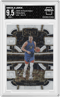 Nikola Jokic from the 2023-24 Panini Select  set featuring a White Disco parallel graded by Arena Club and given an overall grade of 9.5.