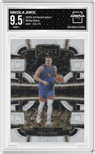 Nikola Jokic from the 2023-24 Panini Select  set featuring a White Disco parallel graded by Arena Club and given an overall grade of 9.5.