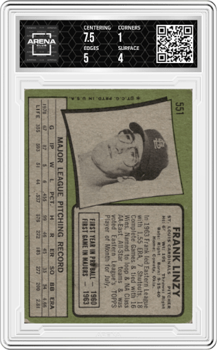 Frank Linzy from the 1971 Topps set graded by Arena Club and given an overall grade of 1.5.