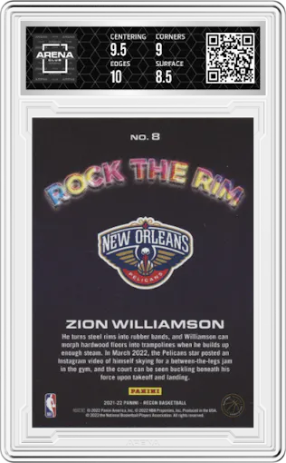 Zion Williamson from the 2021-22 Panini Recon set featuring a Gold parallel graded by Arena Club and given an overall grade of 9.
