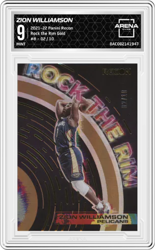 Zion Williamson from the 2021-22 Panini Recon set featuring a Gold parallel graded by Arena Club and given an overall grade of 9.