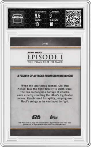 A Flurry of Attacks from Obi-Wan Kenobi   from the 2024 Topps Chrome Sapphire Star Wars: The Phantom Menace set featuring a Green parallel graded by Arena Club and given an overall grade of 9.5.