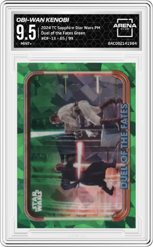 A Flurry of Attacks from Obi-Wan Kenobi   from the 2024 Topps Chrome Sapphire Star Wars: The Phantom Menace set featuring a Green parallel graded by Arena Club and given an overall grade of 9.5.