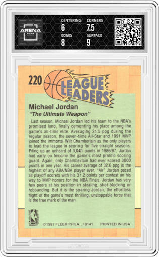 Michael Jordan from the 1991-92 Fleer set graded by Arena Club and given an overall grade of 6.5.