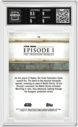Droids Activated! from the 2024 Topps Chrome Sapphire Star Wars: The Phantom Menace set featuring a Green parallel graded by Arena Club and given an overall grade of 9.