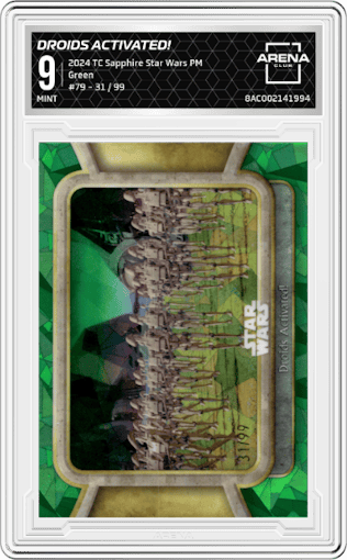 Droids Activated! from the 2024 Topps Chrome Sapphire Star Wars: The Phantom Menace set featuring a Green parallel graded by Arena Club and given an overall grade of 9.