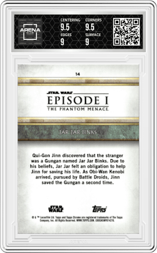 Jar Jar Binks from the 2024 Topps Chrome Sapphire Star Wars: The Phantom Menace set featuring a Green parallel graded by Arena Club and given an overall grade of 9.5.