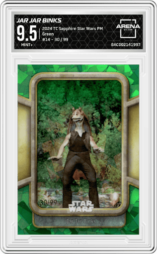 Jar Jar Binks from the 2024 Topps Chrome Sapphire Star Wars: The Phantom Menace set featuring a Green parallel graded by Arena Club and given an overall grade of 9.5.