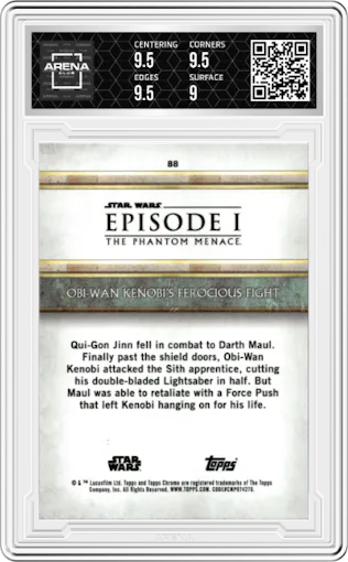 Obi-Wan Kenobi Ferocious Fight from the 2024 Topps Chrome Sapphire Star Wars: The Phantom Menace set featuring a Green parallel graded by Arena Club and given an overall grade of 9.5.