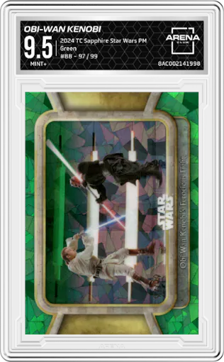 Obi-Wan Kenobi Ferocious Fight from the 2024 Topps Chrome Sapphire Star Wars: The Phantom Menace set featuring a Green parallel graded by Arena Club and given an overall grade of 9.5.