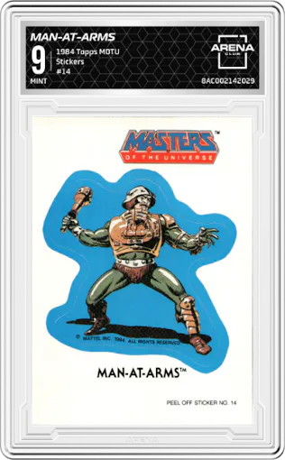 Man-at-Arms from the 1984 Topps Masters of the Universe set graded by Arena Club and given an overall grade of 9.