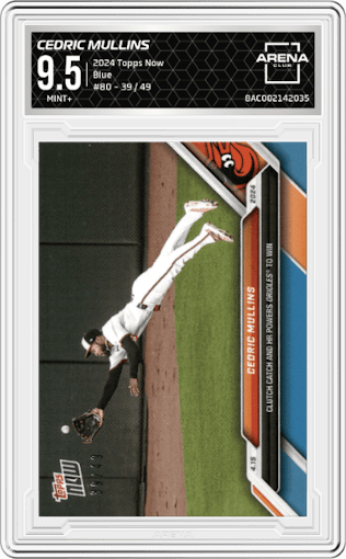 Cedric Mullins from the 2024 Topps Now set featuring a Blue parallel graded by Arena Club and given an overall grade of 9.5.