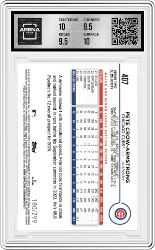 Pete Crow-Armstrong from the 2024 Topps  set featuring a Orange Crackle Foil parallel graded by Arena Club and given an overall grade of 10.