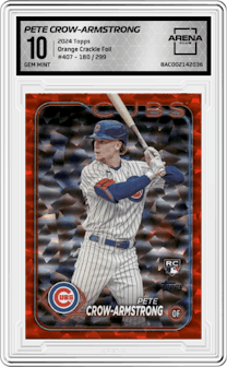 Pete Crow-Armstrong from the 2024 Topps  set featuring a Orange Crackle Foil parallel graded by Arena Club and given an overall grade of 10.