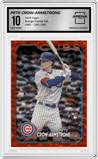 Pete Crow-Armstrong from the 2024 Topps  set featuring a Orange Crackle Foil parallel graded by Arena Club and given an overall grade of 10.