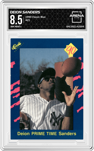 Deion Sanders from the 1990 Classic Blue set graded by Arena Club and given an overall grade of 8.5.