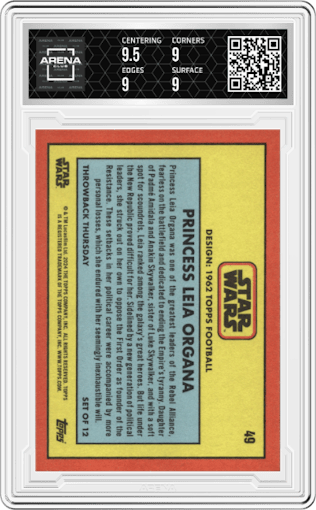 Princess Leia Organa from the 2024 Topps Star Wars TBT set graded by Arena Club and given an overall grade of 9.