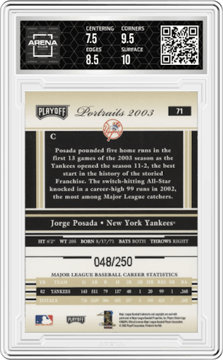 Jorge Posada from the 2003 Playoff Portraits set featuring a Beige parallel graded by Arena Club and given an overall grade of 8.
