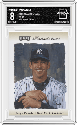 Jorge Posada from the 2003 Playoff Portraits set featuring a Beige parallel graded by Arena Club and given an overall grade of 8.