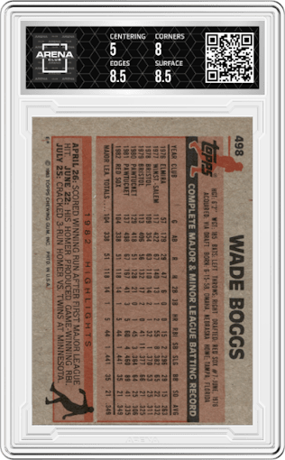 Wade Boggs from the 1983 Topps set graded by Arena Club and given an overall grade of 5.5.