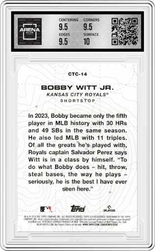 Bobby Witt Jr. from the 2024 Topps  set graded by Arena Club and given an overall grade of 10.
