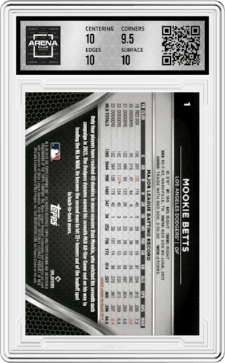 Mookie Betts from the  2024 Topps Chrome Black set featuring a Blue Refractor parallel graded by Arena Club and given an overall grade of 10.