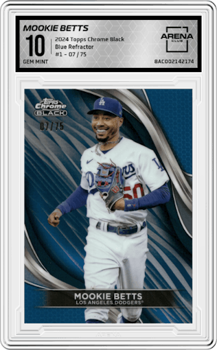 Mookie Betts from the  2024 Topps Chrome Black set featuring a Blue Refractor parallel graded by Arena Club and given an overall grade of 10.