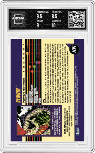 Venom from the 1992 Impel Marvel Universe Series 3  set graded by Arena Club and given an overall grade of 9.