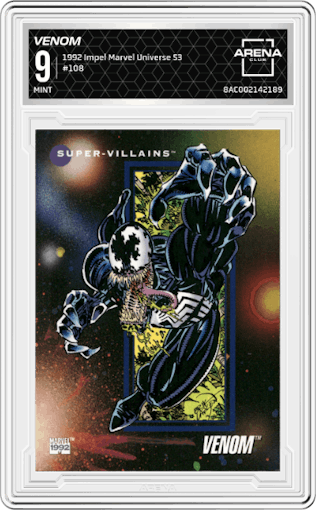 Venom from the 1992 Impel Marvel Universe Series 3  set graded by Arena Club and given an overall grade of 9.