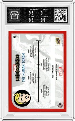 The Human Torch from the 2022 UD Marvel Beginnings set featuring a Red Supernova parallel graded by Arena Club and given an overall grade of 9.