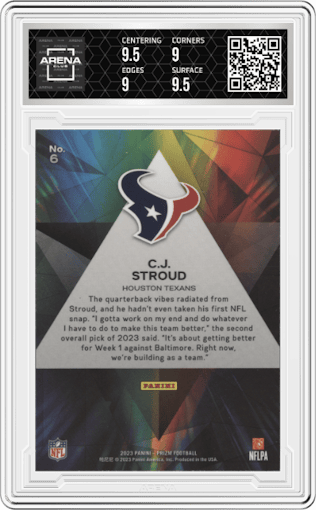 C.J. Stroud from the 2023 Panini Prizm set graded by Arena Club and given an overall grade of 9.5.