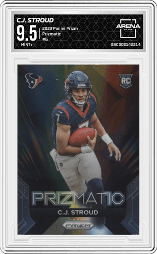 C.J. Stroud from the 2023 Panini Prizm set graded by Arena Club and given an overall grade of 9.5.