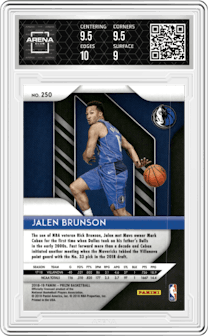 Jalen Brunson from the 2018-19 Panini Prizm set graded by Arena Club and given an overall grade of 9.5.